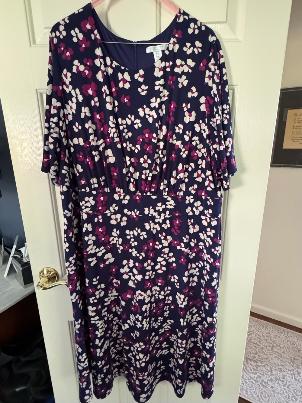 London Times Navy Midi Dress with Pink and White Floral Print